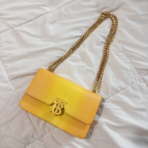 Burberry Elongated TB Croc Embossed Leather Crossbody Bag in Cool Lemon/Margld - Picture 1 of 7